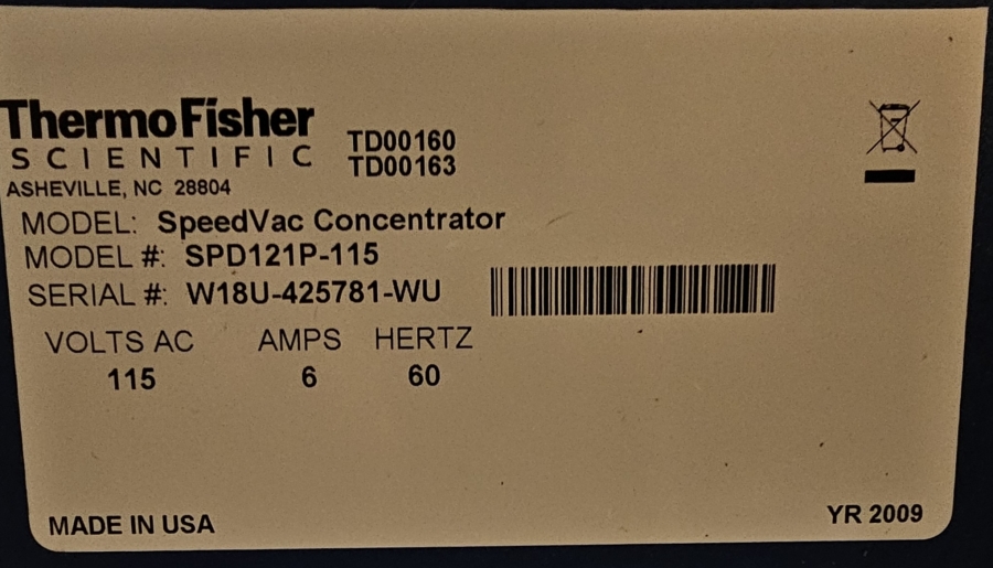 Thermo Savant SPD121P-115 SpeedVac, Year 2009, Serial Number W18U-425781-WU	, photo 8 of 10