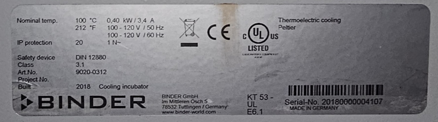 Binder KT053UL-120V Peltier Cooling Incubator; SN:20180000004107, photo 16 of 25