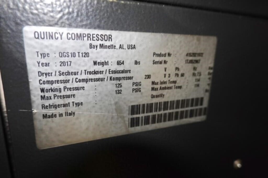 2017 Used Quincy Compressor QGS-10 T120 10-HP Rotary Screw Air Compressor With Medical Air Dryer & 120-Gallon Supply Tank, photo 7 of 11