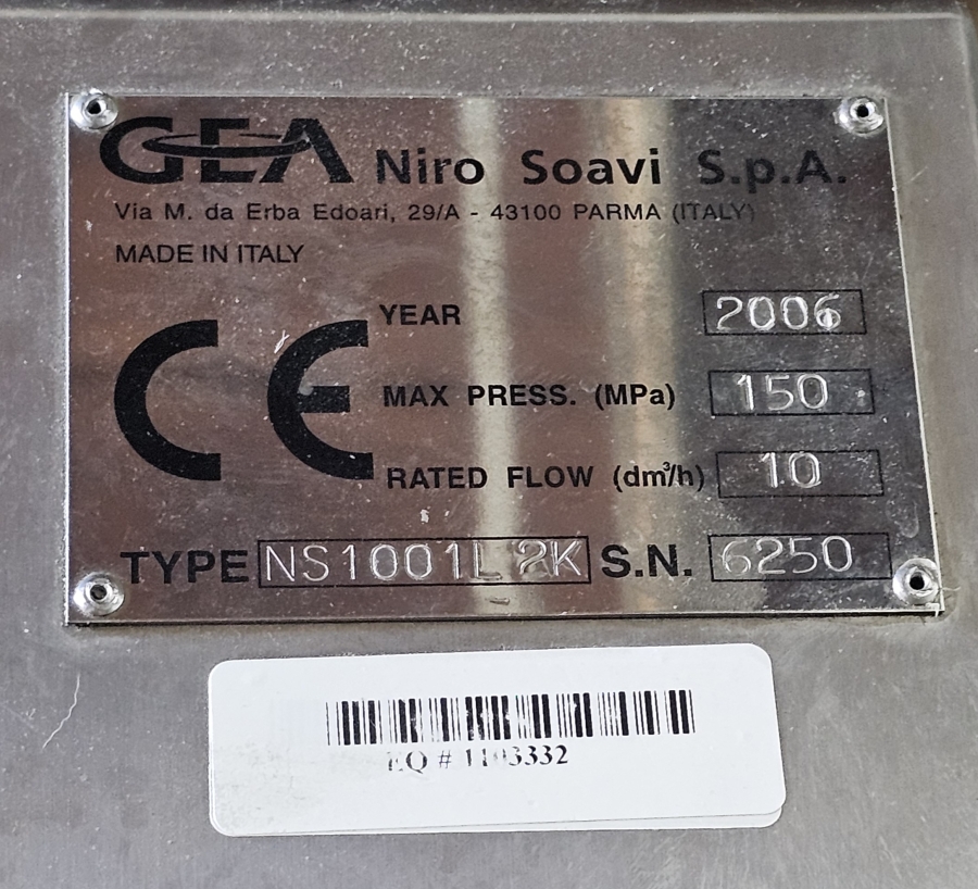 GEA Niro Soavi NS1001L2K High Pressure Homogenizer; SN:6250, photo 5 of 18