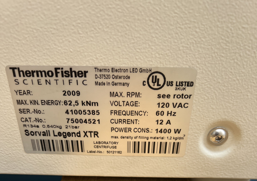 Thermo Fisher Scientific 75004521 Sorvall Legend XTR Benchtop Refrigerated Centrifuge includes 75003180 rotor + swinging buckets; SN:41005385, photo 4 of 10