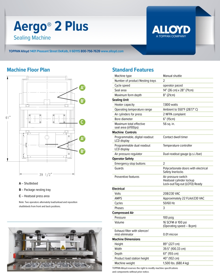 Alloyd Aergo 2 Plus Tray Sealer; SN:M2010-007, photo 1 of 12