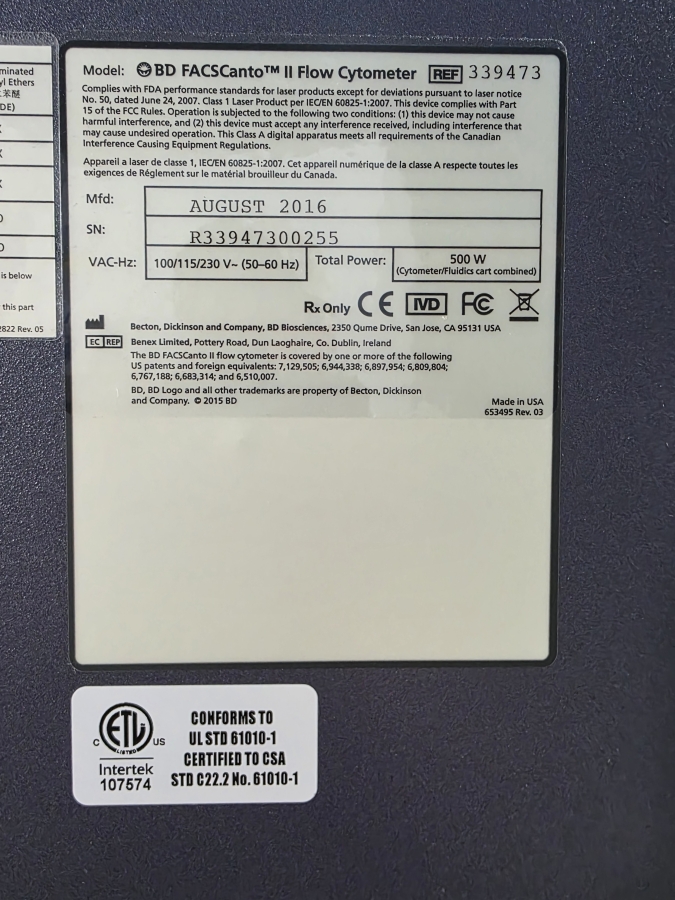 Becton Dickenson BD FACSCanto II 339473 Clinical Flow Cytometer w/ FACSAria II Fluidics Cart; SN:R33947300255, photo 33 of 55
