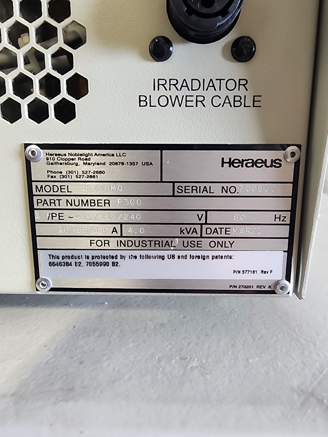 2021 Heraeus P300MQ Power Supply & I300MB Irradiator, 240V, 60Hz & Fusion UV System; SN: 700806/700802 &  700621/700799, photo 23 of 25