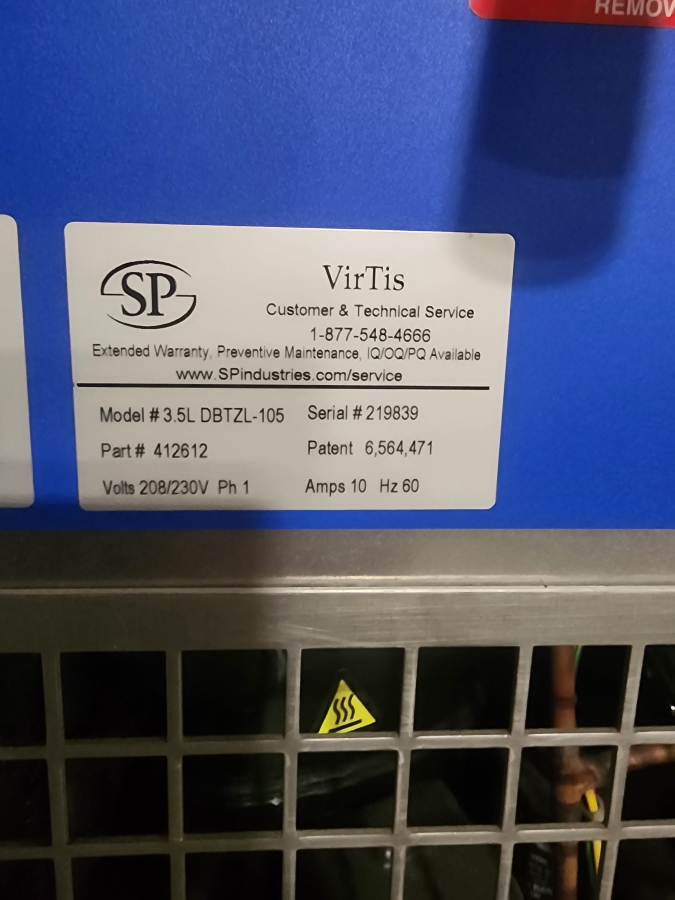VirTis 3.5L DBTZL-105 412612 Benchtop freeze dryer; SN:219839, photo 8 of 11