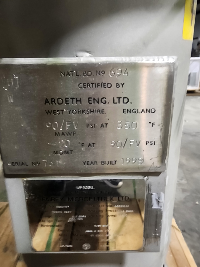 Fairey Microfiltrex Pulse Jet Candle Filter | 316L SS | ASME Sec 8 Div 1 U | 90PSI | Serial 761 | Ardeth Cert NB#694 | Built 1998 | M101757 | FLT-3121VB | Multiple Units |, photo 8 of 13
