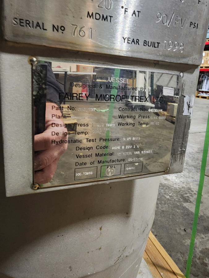 Fairey Microfiltrex Pulse Jet Candle Filter | 316L SS | ASME Sec 8 Div 1 U | 90PSI | Serial 761 | Ardeth Cert NB#694 | Built 1998 | M101757 | FLT-3121VB | Multiple Units |, photo 9 of 13