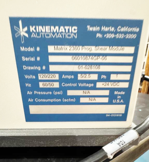 Kinematic Automation Matrix 2360 Programmable Shear Module; S/N 06010874GP-06, photo 8 of 9