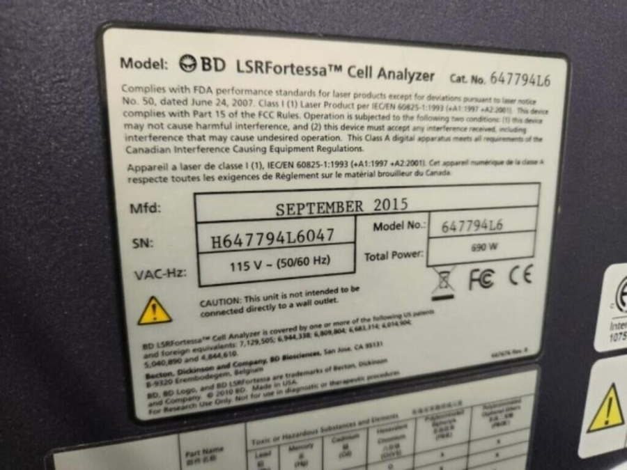 BD Biosciences LSRFortessa 647794L6 Cell Analyzer-Flow Cytometer System, 647701 HTS, HP Z230 Workstation, Fluidics Cart, ONEAC Conditioned PS; Rolling Table, photo 24 of 26