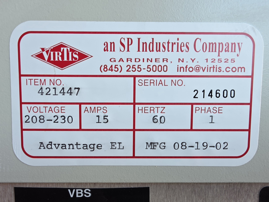 VirTis AdVantage EL 2 L Benchtop Freeze Dryer Lyophilizer, S/N 214600, photo 5 of 15
