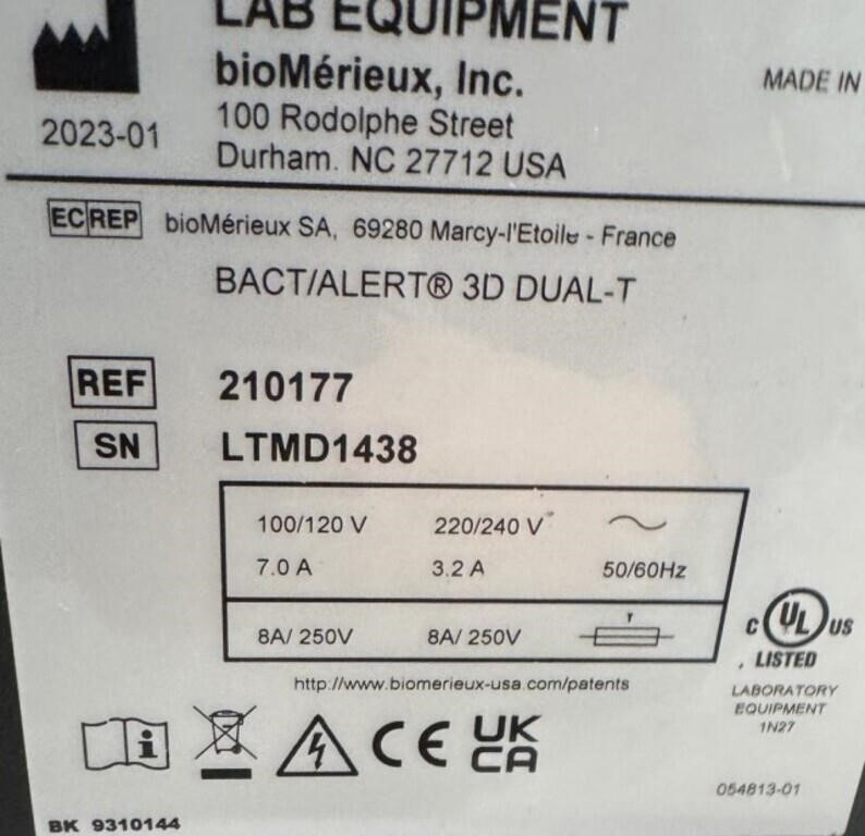 2023 bioMérieux BACT/ALERT 3D DUAL-T LT 240-Bottle Incubator with REF 210177 Cart Assembly, S/N LTMD1438, photo 3 of 10