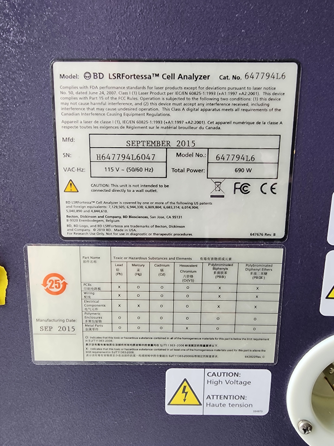 BD Biosciences LSRFortessa 647794L6 Cell Analyzer-Flow Cytometer System, 647701 HTS, HP Z230 Workstation, Fluidics Cart, ONEAC Conditioned PS; Rolling Table, photo 46 of 105